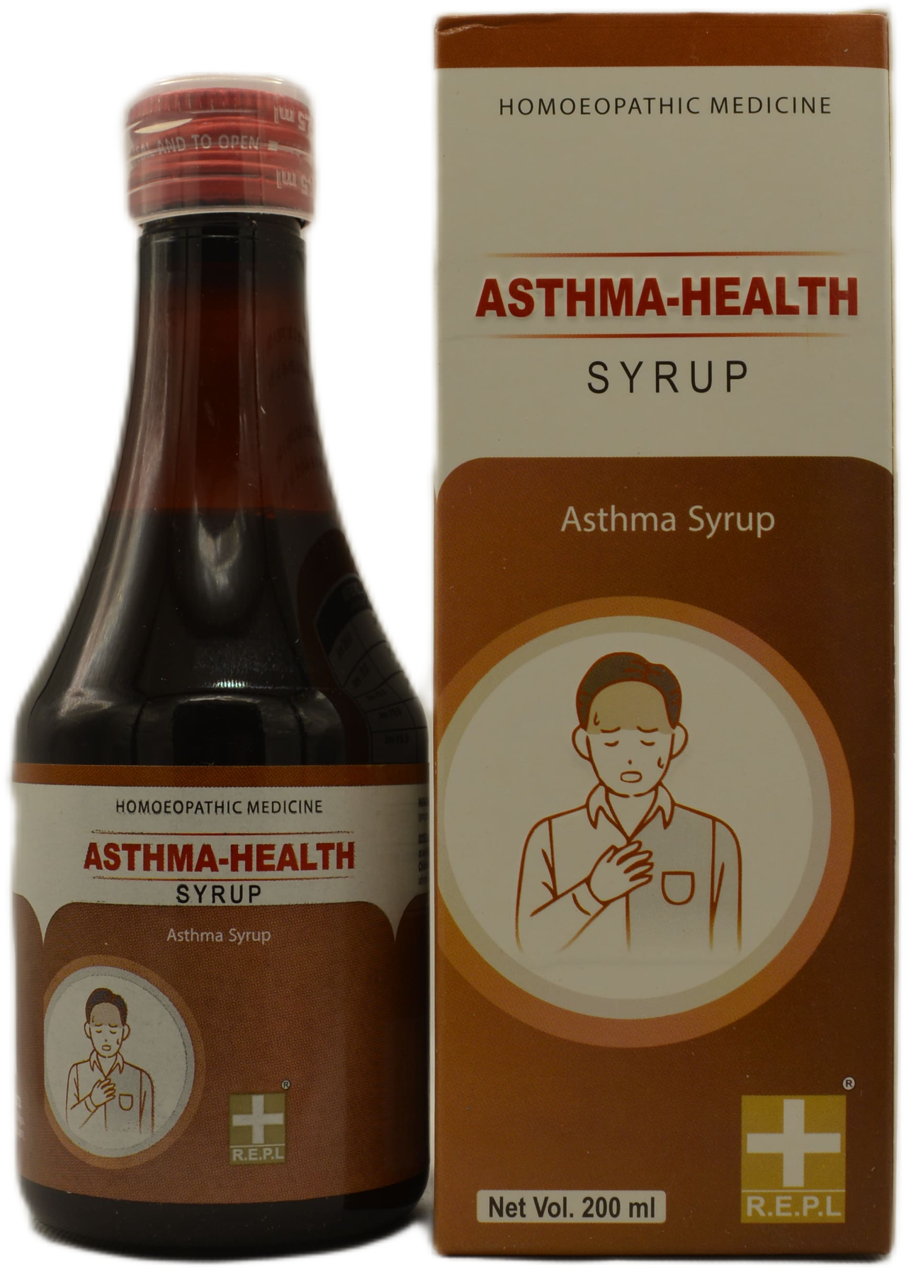 A 200ml bottle of Asthma-Health syrup with a brown and white label, indicating its use as a homeopathic remedy for asthma, featuring an illustration of a person experiencing respiratory discomfort.