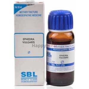 A 30 ml bottle of Ephedra Vulgaris mother tincture, displayed with its packaging from SBL, a homeopathy company.