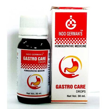 A 30 ml bottle of Gastro Care homeopathic medicine from Indo Germans, designed for digestive health.