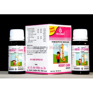 Two bottles of height care homeopathic drops with a colorful box featuring a giraffe, designed to support children's growth.