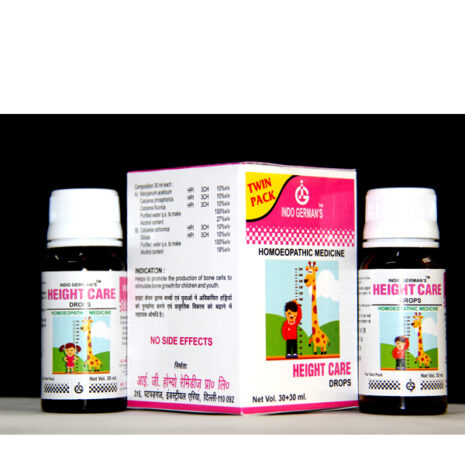 Height Care Homeopathic Drops Twin Pack Two bottles of height care homeopathic drops with a colorful box featuring a giraffe, designed to support children's growth.