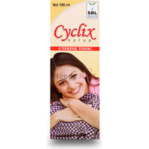 : A bottle of Cyclix Syrup, a uterine tonic, featuring a smiling woman on the packaging, designed for women's health support.
