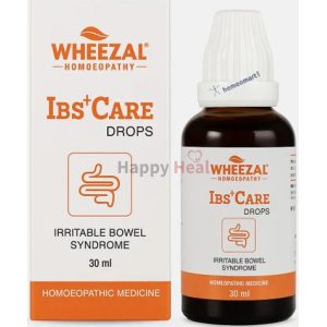 A 30ml bottle of Wheezal IBS Care Drops alongside its packaging, designed for treating Irritable Bowel Syndrome with homeopathic medicine.