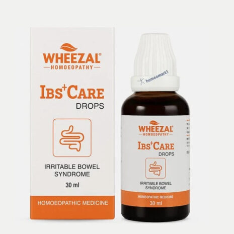 A 30ml bottle of Wheezal IBS Care Drops alongside its packaging, designed for treating Irritable Bowel Syndrome with homeopathic medicine.