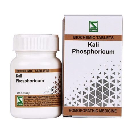 Bottle and box of Kali Phosphoricum biochemic tablets by Dr. Willmar Schwabe, featuring product details and branding.