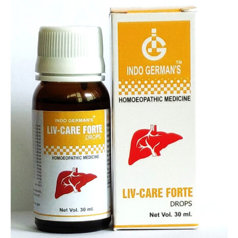 Liv-Care Forte Homeopathic Drops:::"Bottle of Liv-Care Forte drops alongside its box, showcasing a liver symbol and indicating a volume of 30 ml."