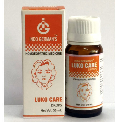 A 30 ml bottle of Luko Care Drops next to its packaging, featuring a logo and health-related graphics.