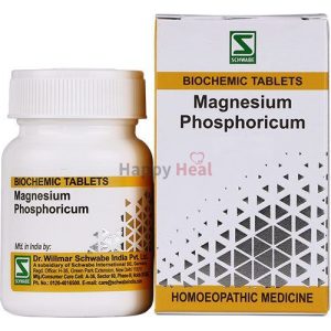 A bottle of Magnesium Phosphoricum biochemic tablets next to its packaging, which includes product information and branding details.