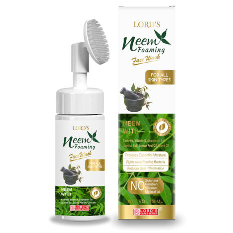 Lord's Neem Foaming Face Wash A foaming face wash packaged in a white bottle with a pump dispenser, featuring a green and gold label that highlights its ingredients and benefits for all skin types.