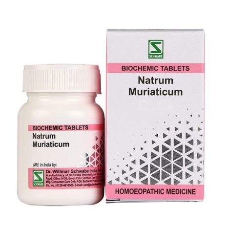 A white bottle of Natrum Muriaticum biochemic tablets next to its packaging, both featuring a pink and white design.