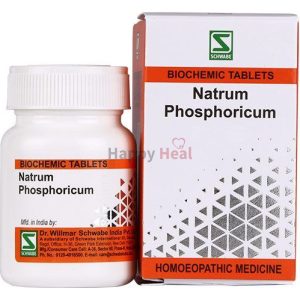Bottle and box of Natrumm Phosphoricum homeopathic medicine featuring branding and product information.
