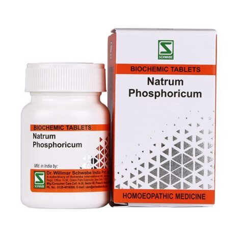 Bottle and box of Natrumm Phosphoricum homeopathic medicine featuring branding and product information.
