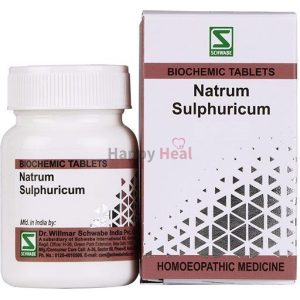 A bottle and box of Natrum Sulphuricum biochemical tablets, a homeopathic medicine by Dr. Willmar Schwabe India Pvt. Ltd.