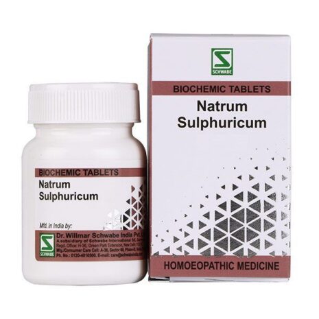 A bottle and box of Natrum Sulphuricum biochemical tablets, a homeopathic medicine by Dr. Willmar Schwabe India Pvt. Ltd.