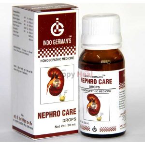 Nephro Care Homeopathic Medicine ::: A bottle of Nephro Care drops alongside its packaging, designed for kidney health support, featuring a kidney illustration on the box.