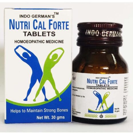 A bottle of Nutri Cal Forte tablets alongside its packaging, promoting strong bones and featuring a vibrant design with illustrations of active individuals.