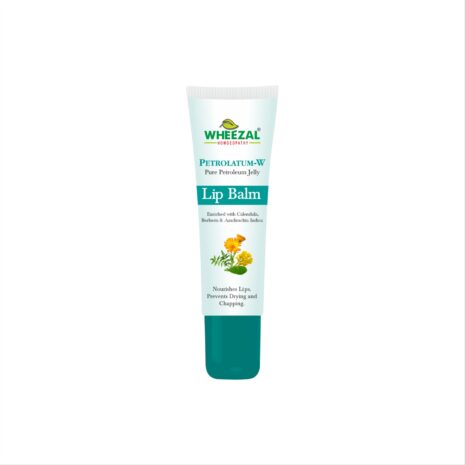A tube of WheeZal Lip Balm, enriched with Calendula, Berberis, and Azadirachta Indica, designed to nourish and protect lips from drying and chapping.