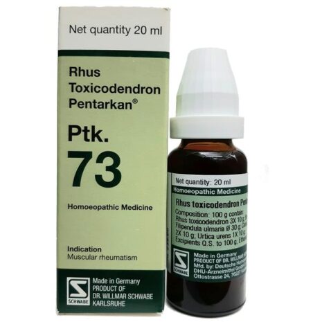 20 ml bottle of Rhus Toxicodendron Pentarkan, indicated for muscular rheumatism, with detailed composition and usage information on the packaging.