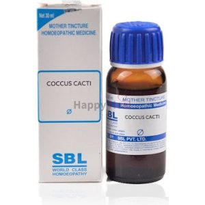 Bottle and packaging of Coccus Cacti mother tincture by SBL, 30ml size.