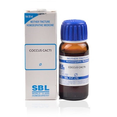 Coccus Cacti Homeopathic Medicine Bottle and packaging of Coccus Cacti mother tincture by SBL, 30ml size.