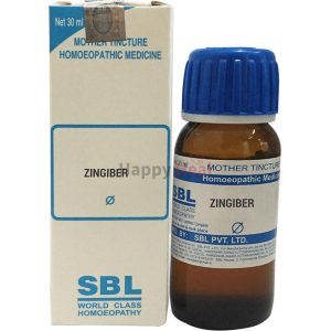 A 30 ml bottle of Zingiber homeopathic mother tincture next to its packaging, featuring a blue cap and label with dosage information.