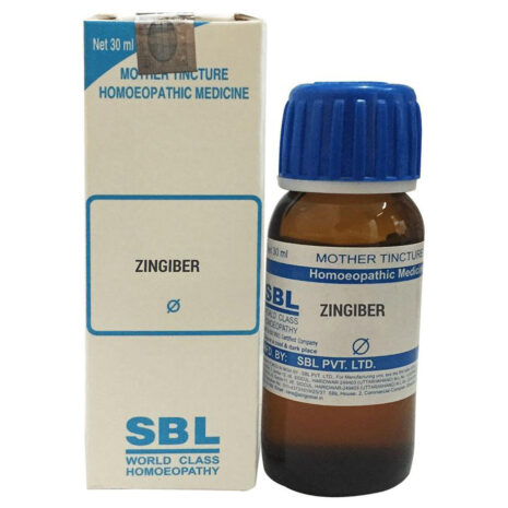 Zingiber Homeopathic Tincture A 30 ml bottle of Zingiber homeopathic mother tincture next to its packaging, featuring a blue cap and label with dosage information.