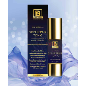 A sleek bottle of an all-natural skin repair tonic, designed to brighten dull skin, hydrate, and balance pH levels, set against a soft blue background.