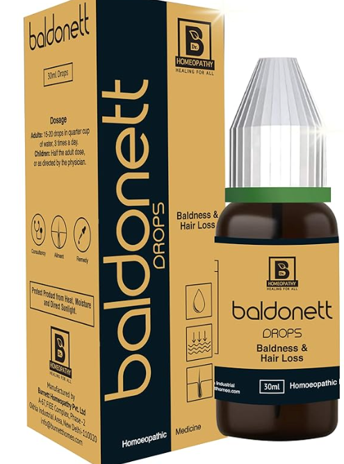 30ml bottle of Baldonett drops for treating baldness and hair loss, alongside its packaging featuring dosage instructions and product information.