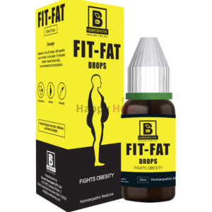 A 30ml bottle of FIT-FAT drops accompanied by a bright yellow box, promoting its use for fighting obesity through homeopathic remedies.