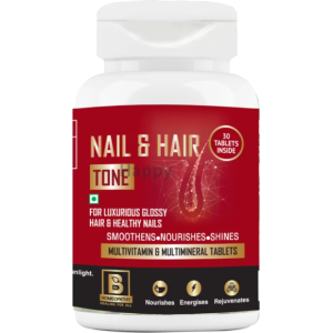 Container of Nail & Hair Tone multivitamin tablets aimed at promoting healthy hair and nails, featuring a red label with product benefits like smoothing and nourishing.