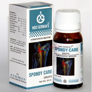 A bottle of Spondy Care homeopathic drops with its box, designed to relieve neck and back pain.