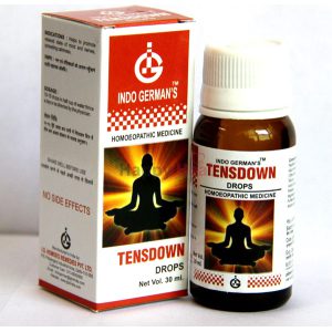 Bottle of Tensdown drops with a box, designed for promoting relaxation and relieving stress, featuring a meditative figure on the packaging.