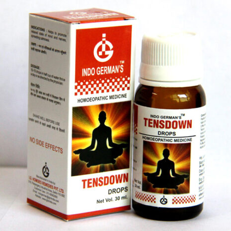 Indo German's Tensdown Drops: Homoeopathic Medicine Bottle of Tensdown drops with a box, designed for promoting relaxation and relieving stress, featuring a meditative figure on the packaging.