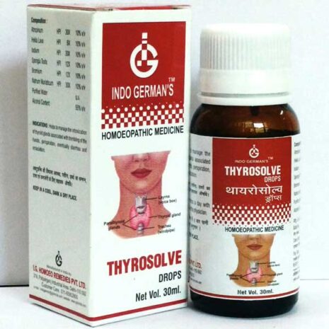 Thyrosolve Homeopathic Drops for Thyroid Health A bottle of Thyrosolve homeopathic drops alongside its packaging, indicating uses for thyroid-related issues.