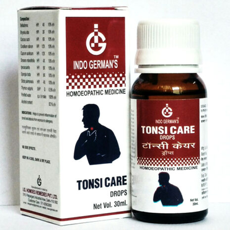A 30ml bottle of Indo Germans Tonsi Care Drops next to its cardboard box, highlighting homeopathic treatment for throat conditions.