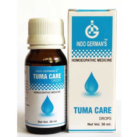 TUMA20CARE.jpg Tuma Care Homeopathic Drops ::: A 30 ml bottle of Tuma Care homeopathic drops with a blue and white label, accompanied by its packaging box displaying the brand "Indo German's."