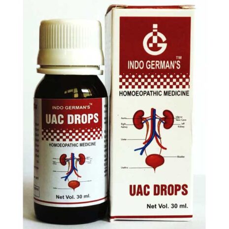 A bottle of UAC Drops alongside its packaging, showcasing its label with kidney and urinary system graphics.