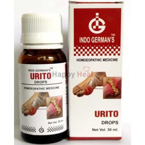 Bottle of Urito drops alongside its packaging, used for homeopathic treatment, depicting an illustration related to its application.