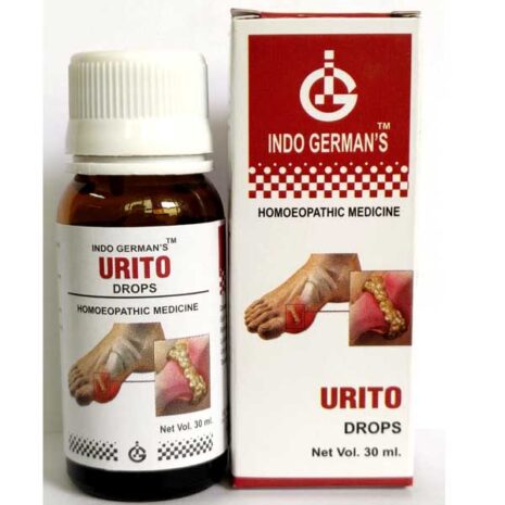 Bottle of Urito drops alongside its packaging, used for homeopathic treatment, depicting an illustration related to its application.