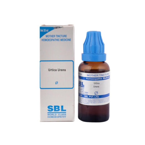 A 30 ml bottle of Urtica Urens homeopathic mother tincture next to its box, labeled with product details.