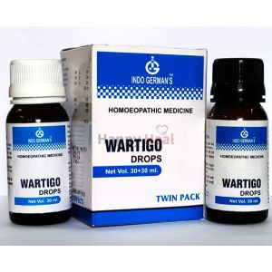 Two bottles of homeopathic Wartigo Drops (30 ml each) alongside a box, featuring product details and branding.