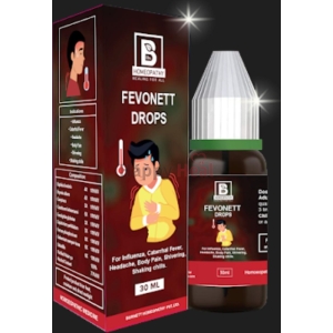 Homeopathic Fever Relief Drops: Fevonett::A bottle of Fevonett homeopathic drops for treating influenza and related symptoms, alongside its packaging featuring a distressed character with a thermometer.