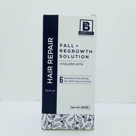 A box of hair repair serum with text highlighting its benefits for hair fall and regrowth, featuring a natural extract formulation.