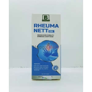 Rheuma Nett Oil Packaging::A box of Rheuma Nett oil, highlighting benefits for joint mobility and stiffness; includes product details and usage instructions.