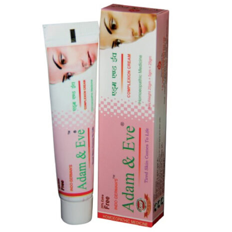 Adam & Eve Complexion Cream:::A tube of Adam & Eve homoeopathic complexion cream, featuring a pink and white design with an image of a woman's face on the packaging.