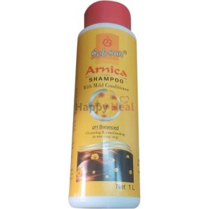 A bottle of Sebsun Arnica Shampoo featuring a bright yellow label, highlighting its pH balanced formula for cleansing and conditioning hair.