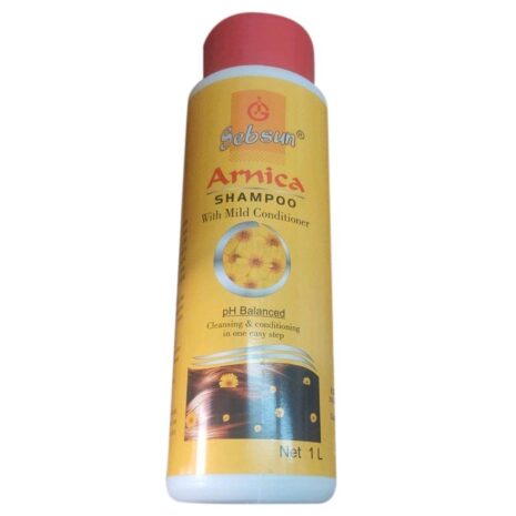 A bottle of Sebsun Arnica Shampoo featuring a bright yellow label, highlighting its pH balanced formula for cleansing and conditioning hair.
