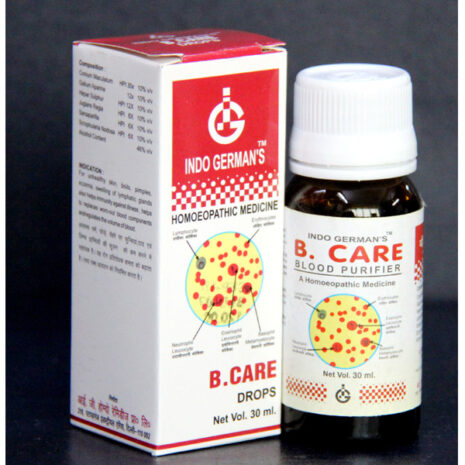 Bottle of B. Care drops by Indo Germans, used as a blood purifier, with detailed packaging information.
