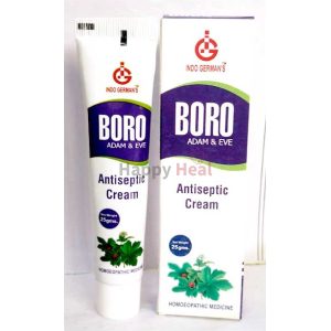 A tube and box of Boro Adam & Eve antiseptic cream, highlighting its homoeopathic formulation and 25 grams weight.
