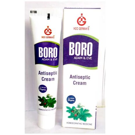 A tube and box of Boro Adam & Eve antiseptic cream, highlighting its homoeopathic formulation and 25 grams weight.